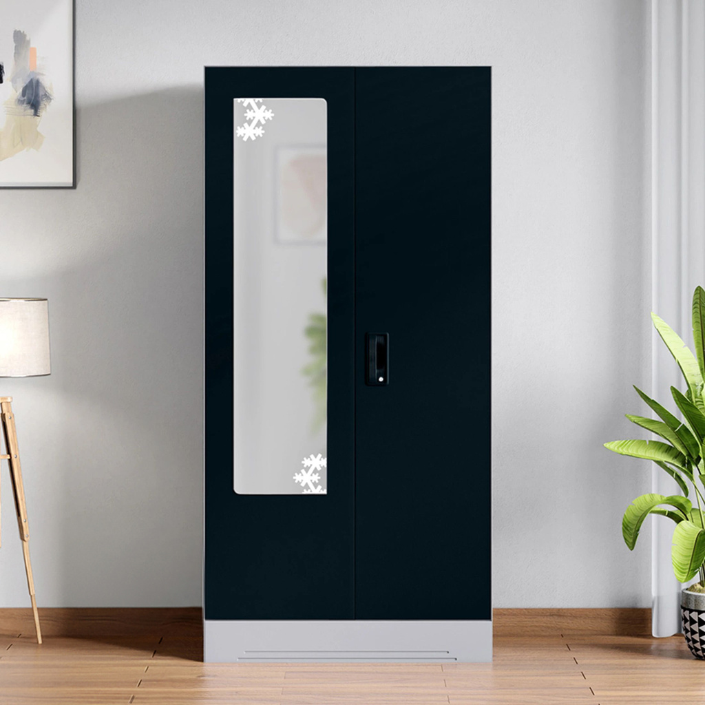 Slimline 2 Door with Locker and Star Design Mirror Metal Almirah (Finish Color - Body: Royal Ivory, Door: Pacific Blue, Knock Down)
