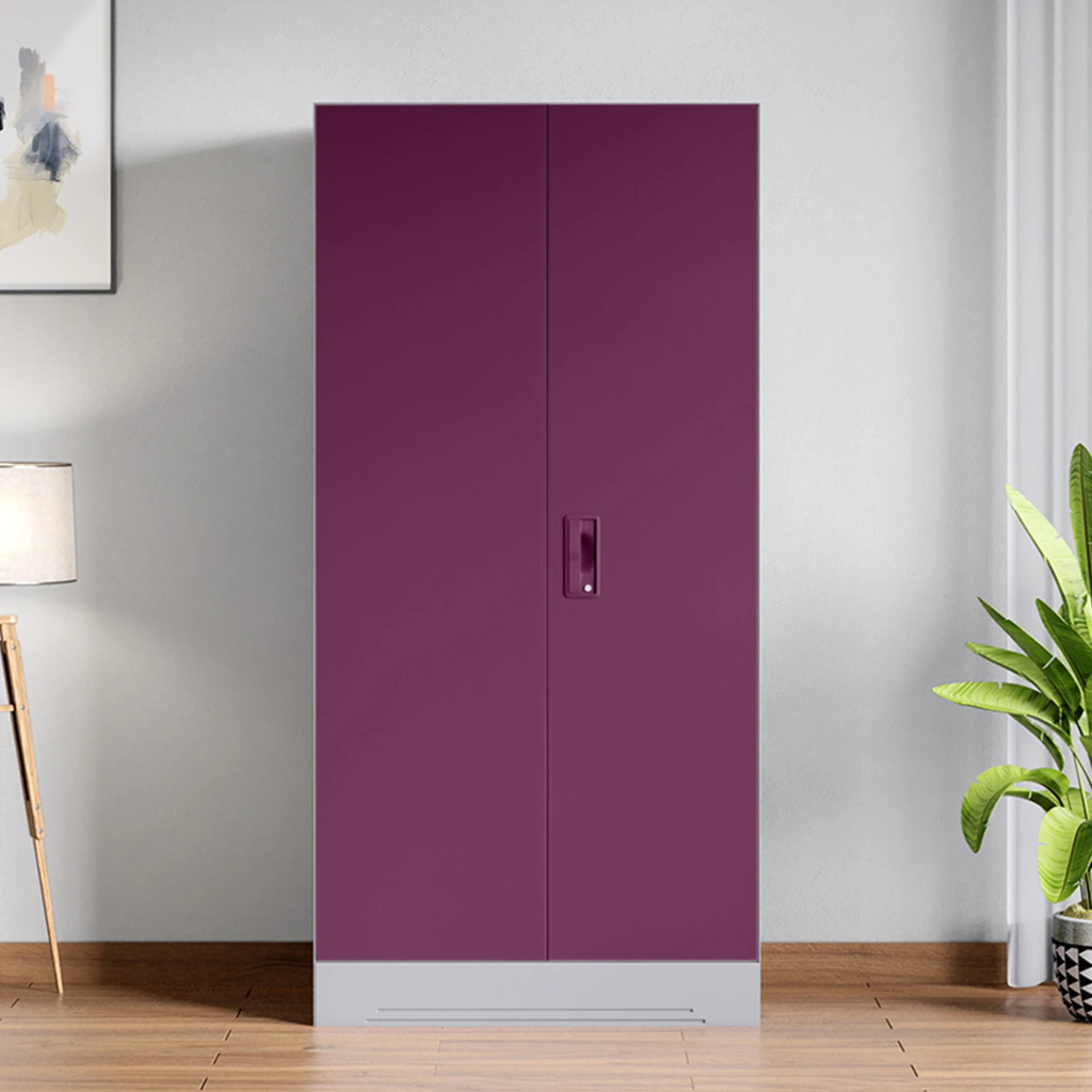 Slimline 2 Door with Locker Metal Almirah (Finish Color - Body: Royal Ivory, Door: Textured Purple, Knock Down)