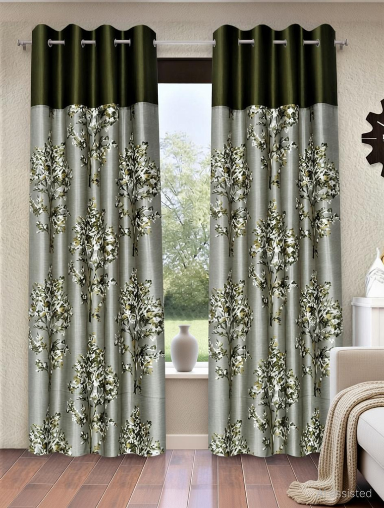 274 cm (9 ft) Long Door Polyester Semi Transparent Curtain (Pack Of 2) (Green, Printed)