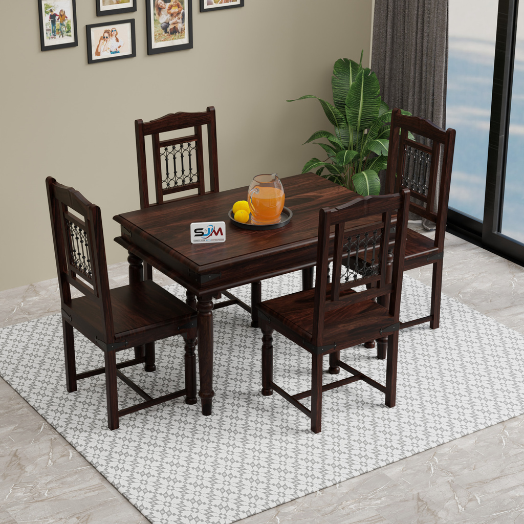 Shree Jeen Mata Enterprises Sheesham Wood 4 Seater Dining| Wooden Table Chair Set| Living Room Dining Set | Solid Wood 4 Seater Dining Set
