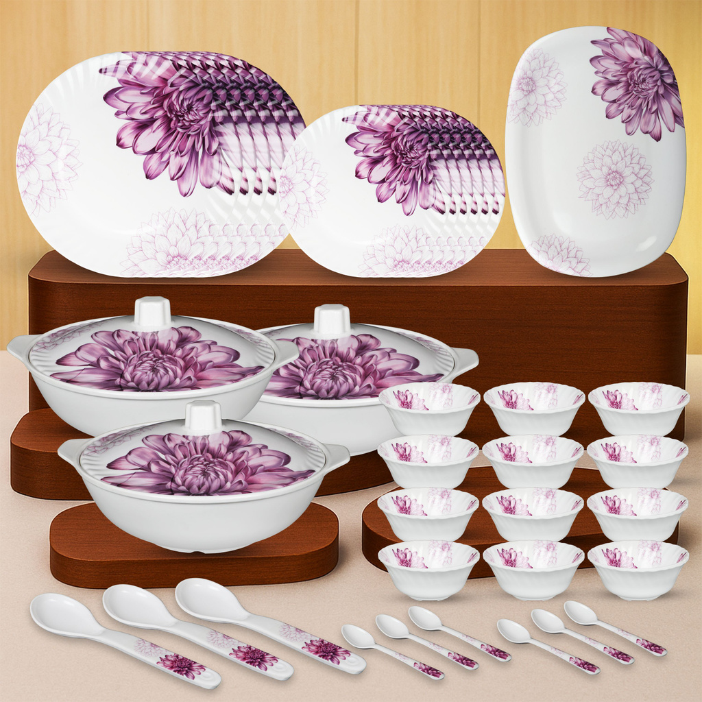 Pack of 40 Melamin Dinner Set (White, Purple)