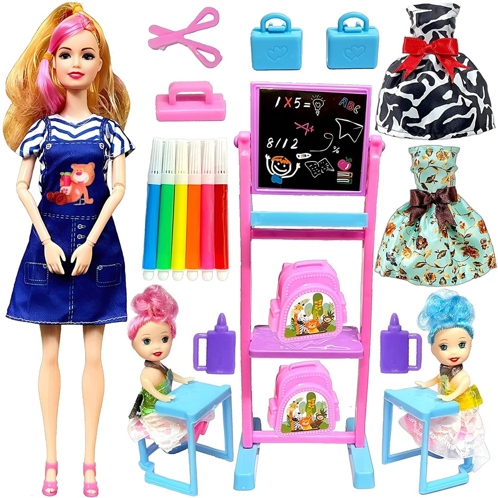 Super Toy Folding Hands Teacher Doll Play Set with 2 Baby Dolls Toy for Kids Girls