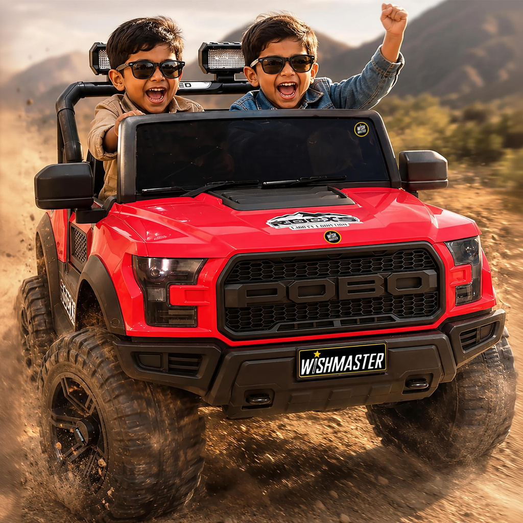 Wishmaster 4x4 Pobo Driving Car With Remote , Mobile App + Manual Drive Car | 2-8 Year Jeep Battery Operated Ride On