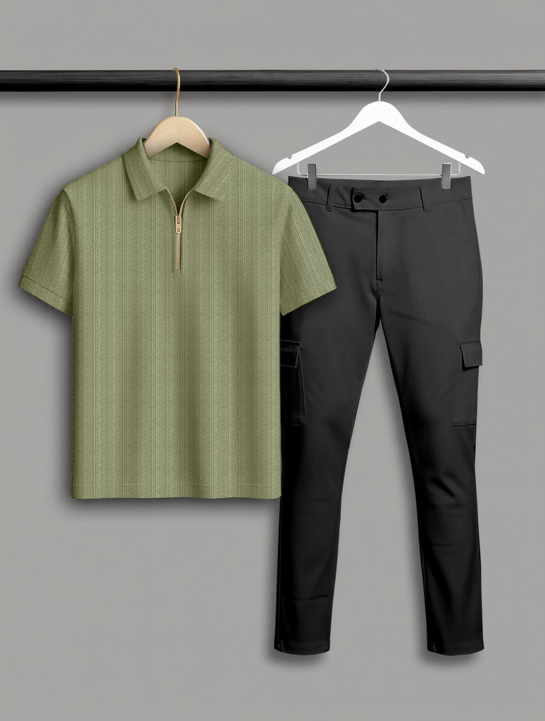 COMBRAIDED Self Design Men Polo Neck Light Green, Black T-Shirt