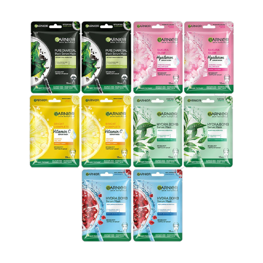 GARNIER Sheet Mask Pack Of 10 (Vit C +Sakura+Charcoal+Hydra+Green Tea) PO10