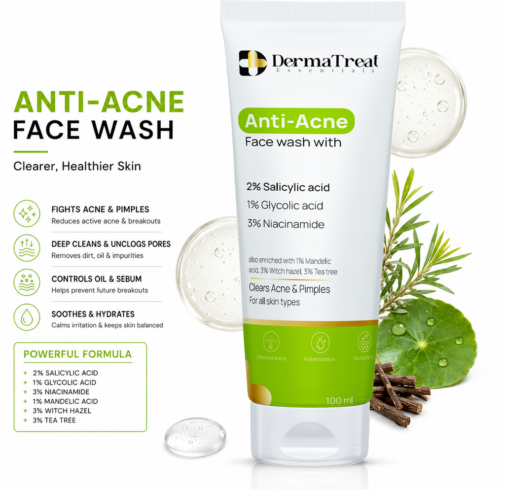 DermaTreat Essentials Anti Acne  With 2% Salicylic Acid, 1% Glycolic Acid & 3% Niacinamide for Active Acne, Pigmentation & Even Tone Skin Face Wash