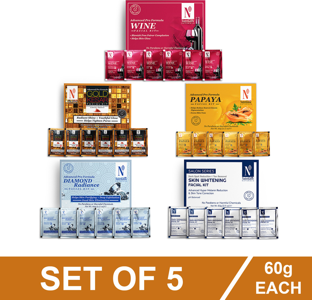 NutriGlow NATURAL'S Advanced Pro Formula Combo Pack of 5 Diamond Radiance,Skin Whitening,Gold Kesar,Papaya,Wine Facial Kit 60gm Each for Skin Cell Repair Reduce Pigmentation & Spotless Face