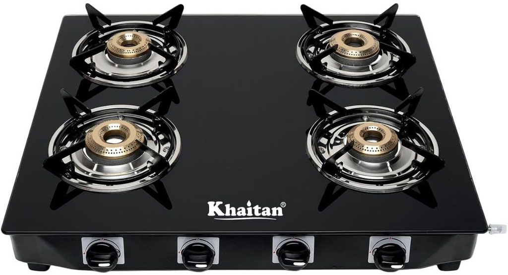 Khaitan 4 Burner Active Forged Black Toughened Glass Manual Gas Stove