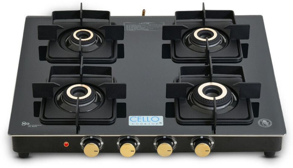Black Pearl 4 Burner Toughened Glass Top Gas Stove, Brass Burners, Black Finish Glass Automatic Gas Stove (4 Burners)