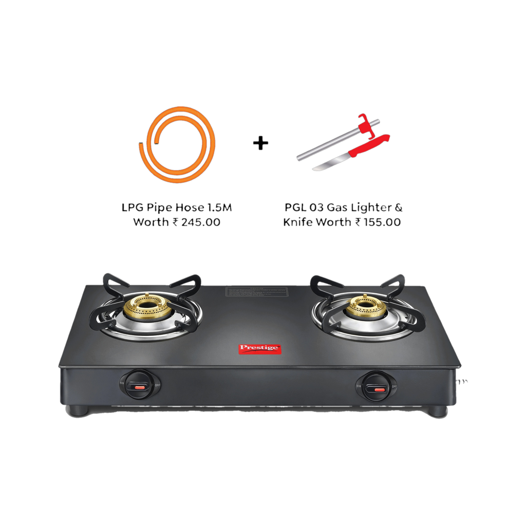 Atlas Plus Toughened Glass top with Lighter Knife and Hose Pipe Glass Manual Gas Stove (2 Burners)