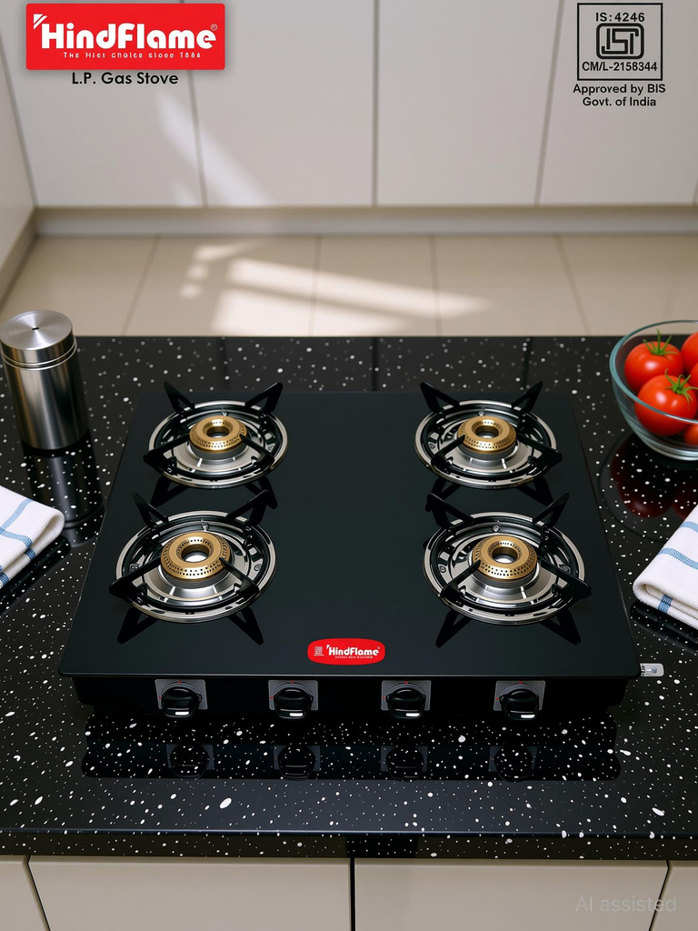 Hindflame 4 Burner Pixel BP Black Toughened Glass Manual Gas Stove