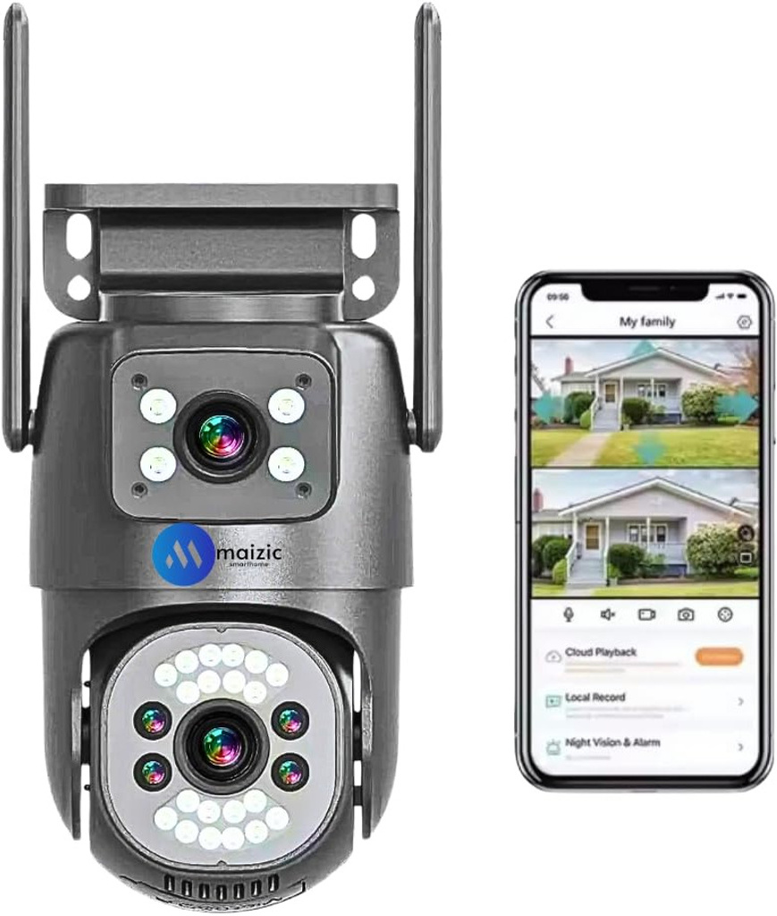maizic smarthome 4g black 8 mp hd 2 lens screen view wireless outdoor cctv camera 360 security