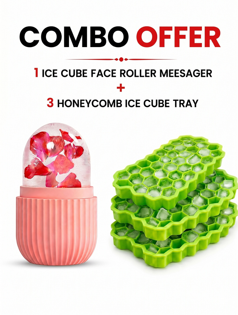 Silicone Honeycomb 37-Cavity Ice Cube Tray (3 Pcs) & Pink Ice Face Roller (1 Pc) Green, Pink Silicone Ice Cube Tray (Pack of4)