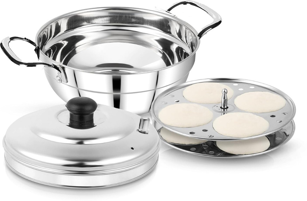 Stainless Steel 2 Idli Plates Idli cooker idli kadai high bottom polished Induction & Standard Idli Maker (2 Plates , 8 Idlis )