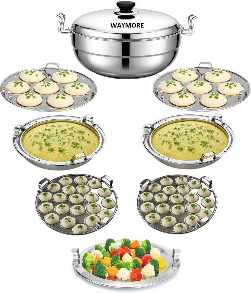 WAYMORE Multi Kadai Steamer Big Size 7 Plate, 2 Idli|2 Mini Idli|2Dhokla|1 Patra|Momo's| Induction & Standard Idli Maker