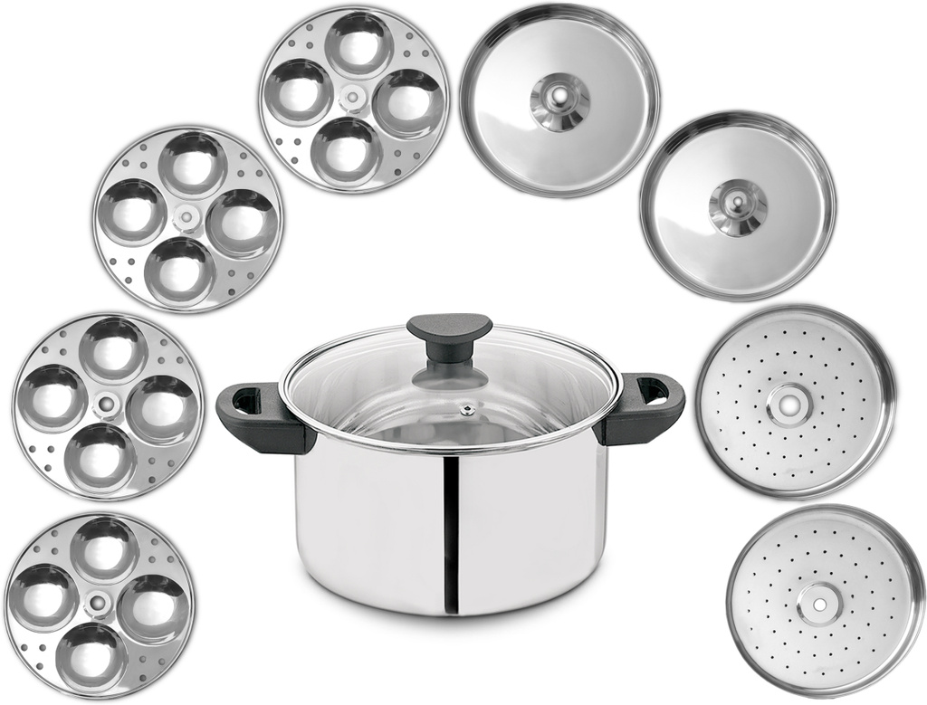 Allo Stainless Steel Idli/Momo/Dhokla Maker Multi Purpose Kadai Set Large 8 Plate Induction & Standard Idli Maker