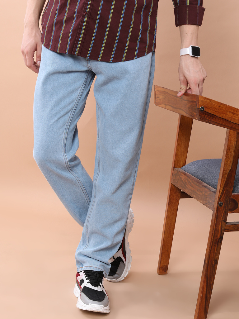 Men Straight Fit Mid Rise Light Blue Jeans