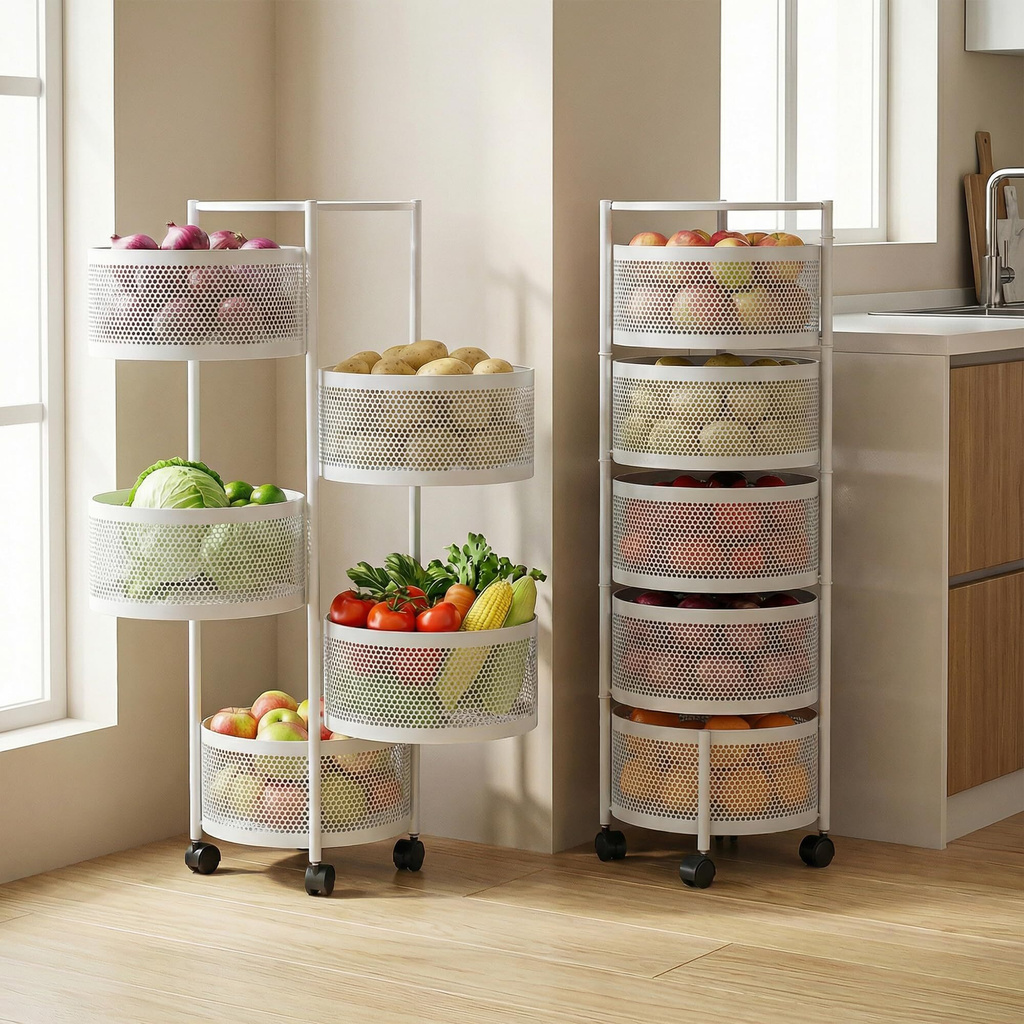 Dailora 5+1 Layer Kitchen Metal Storage Organizer Onion Rack with Wheels Round Shape Carbon Steel Kitchen Trolley