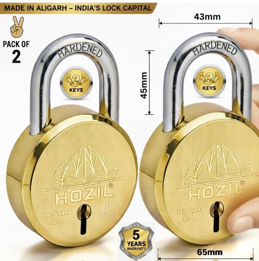 hozil 65mm lotus design hardened shackle double locking 8 levers pack 2 padlock