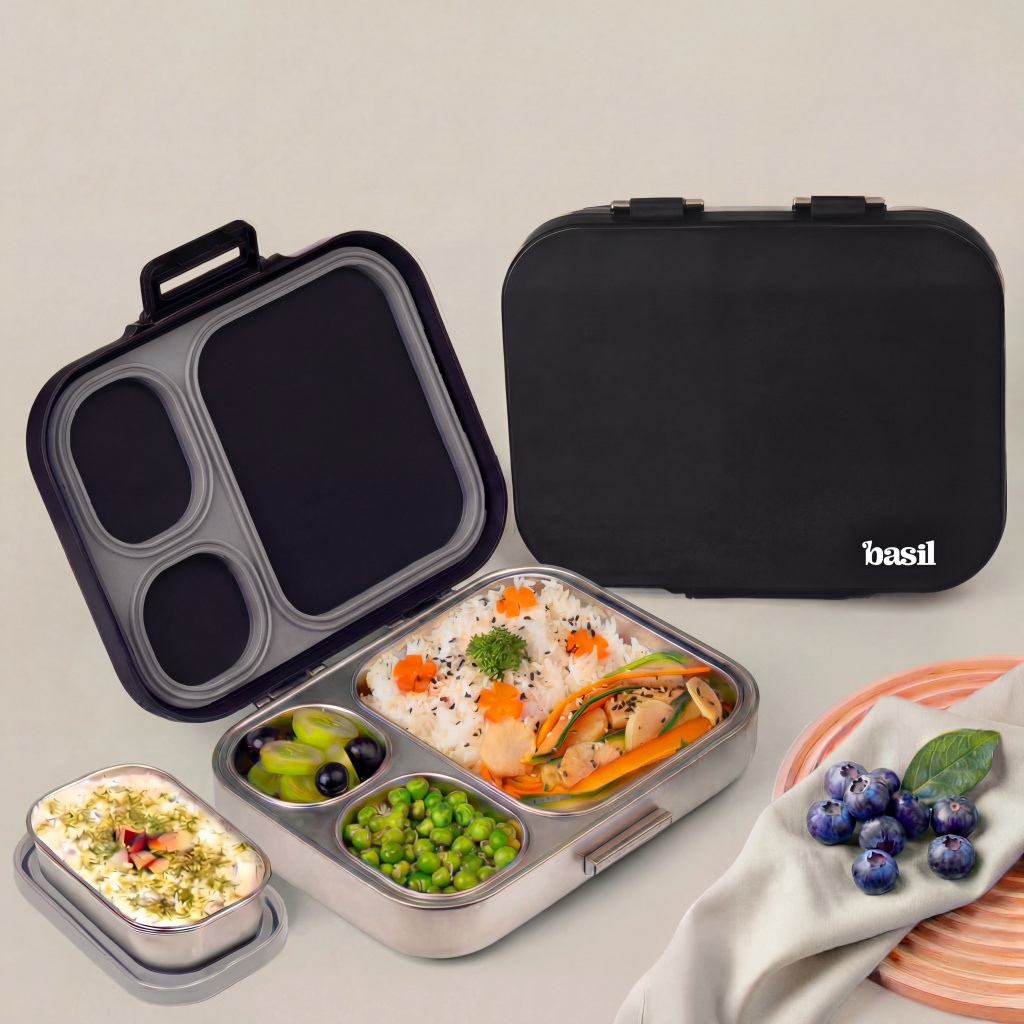 BASIL Quad plus 4-Compartment Stainless Steel Bento Box (1020ml) – Classic Black 4 Containers Stainless Steel Office Lunch Box
