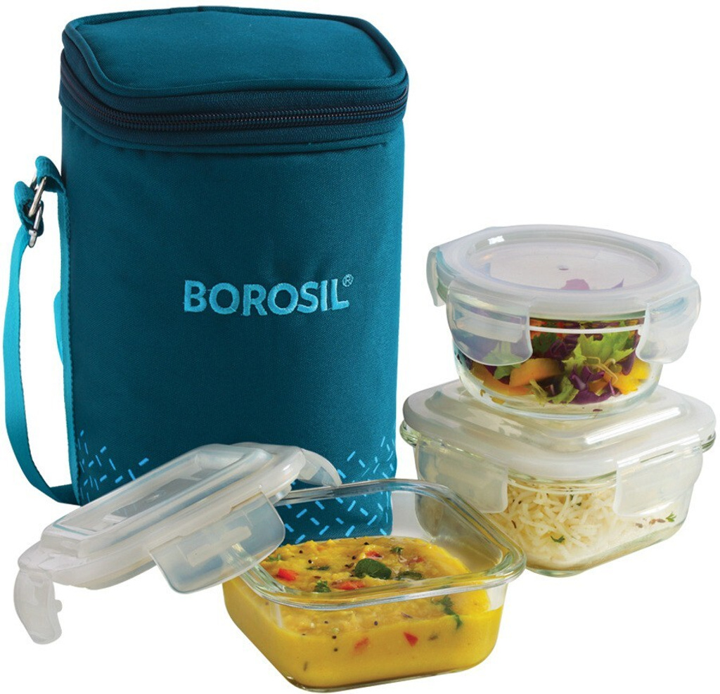 BOROSIL Teal Bag, 3 Pc (320 ml x 2 + 240ml x 1 ), Office Tiifin 3 Containers Glass Office Lunch Box