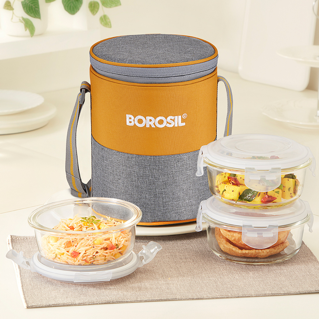 BOROSIL Zest Borosilicate Glass Lunchbox, 3pc Square Set (400ml Each), Office Tiffin Box 3 Containers Glass Office Lunch Box