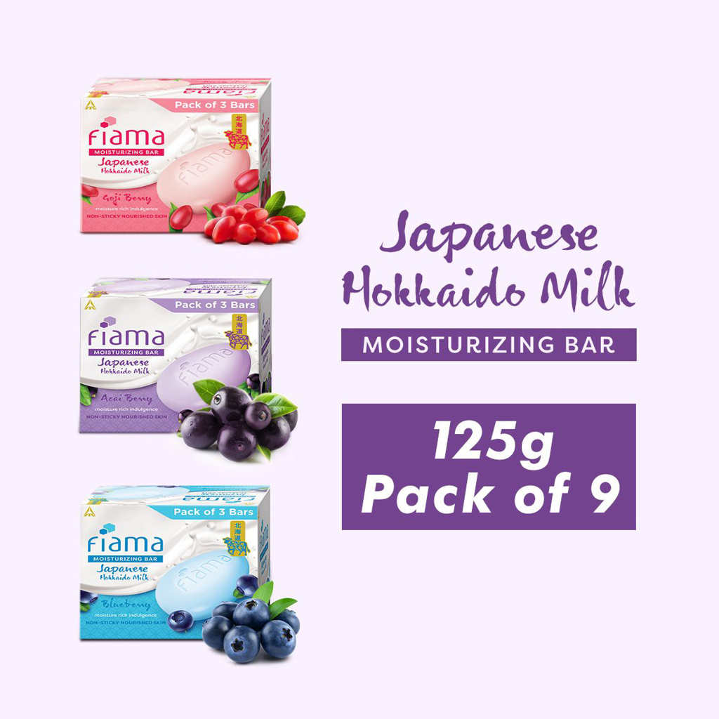 FIAMA Moisturising Soap Bars, Japanese Hokkaido Milk & Berries, 125gX9, Nourished Skin