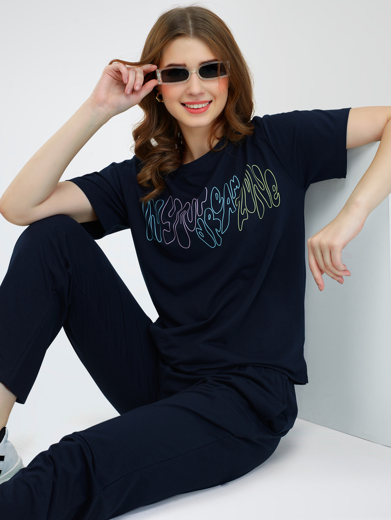 ZEYO Women Printed, Solid Blue Top & Pyjama Set