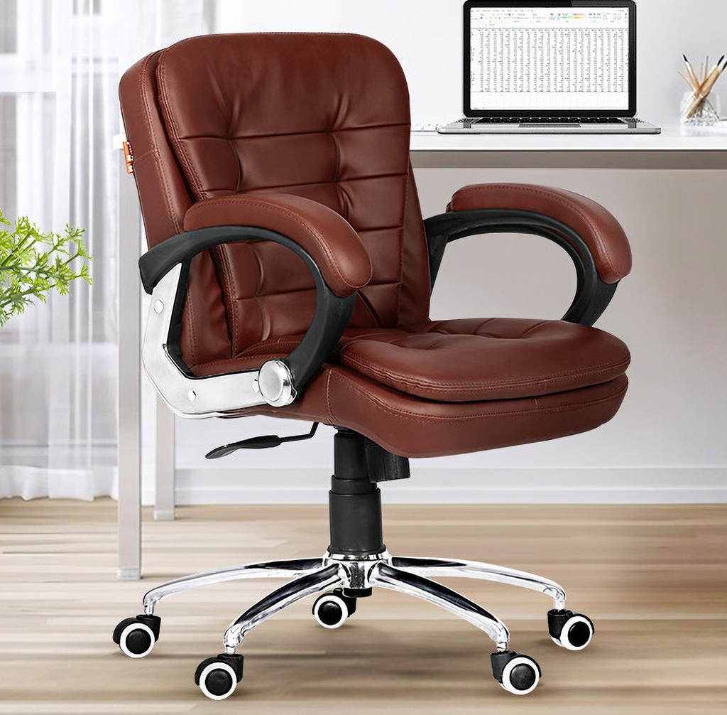 Milford Brown Revolving | Mid Back | Ergonomic | Home & Office Leatherette Office Executive Chair (Brown, Optional Installation Available)