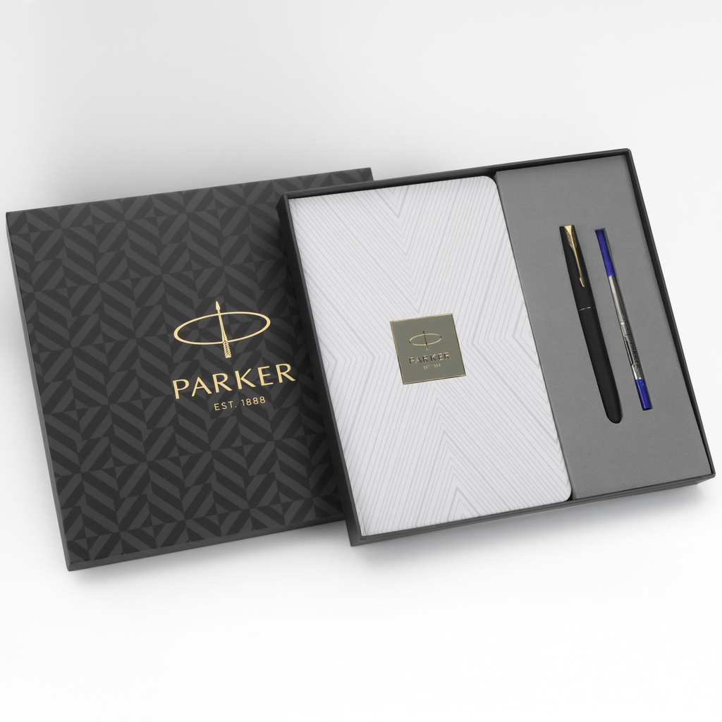parker gift set note book frontier matte black gold trim roller ball pen