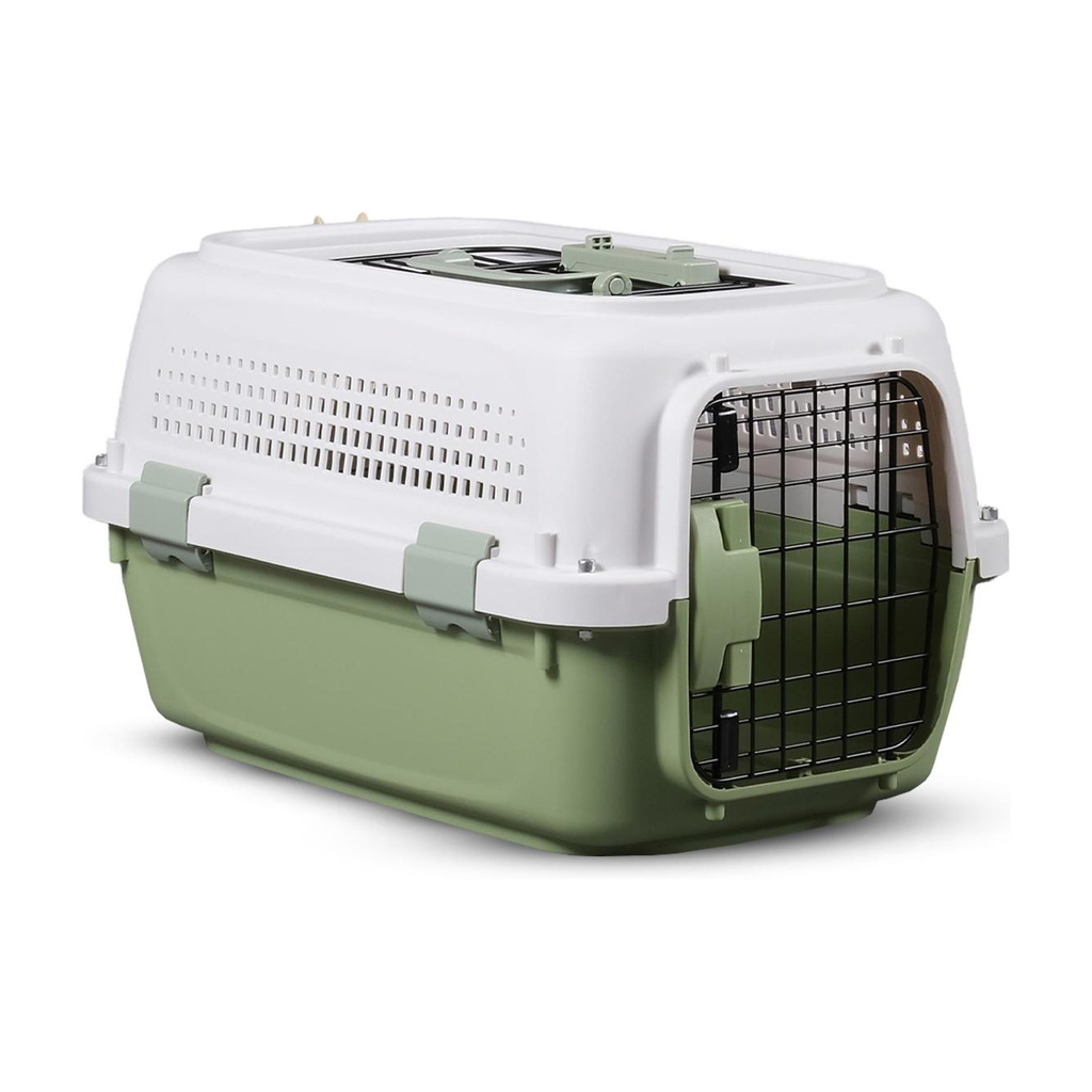 plushmate heavy duty plastic handle portable pet travel carrier cage top front door white green basket