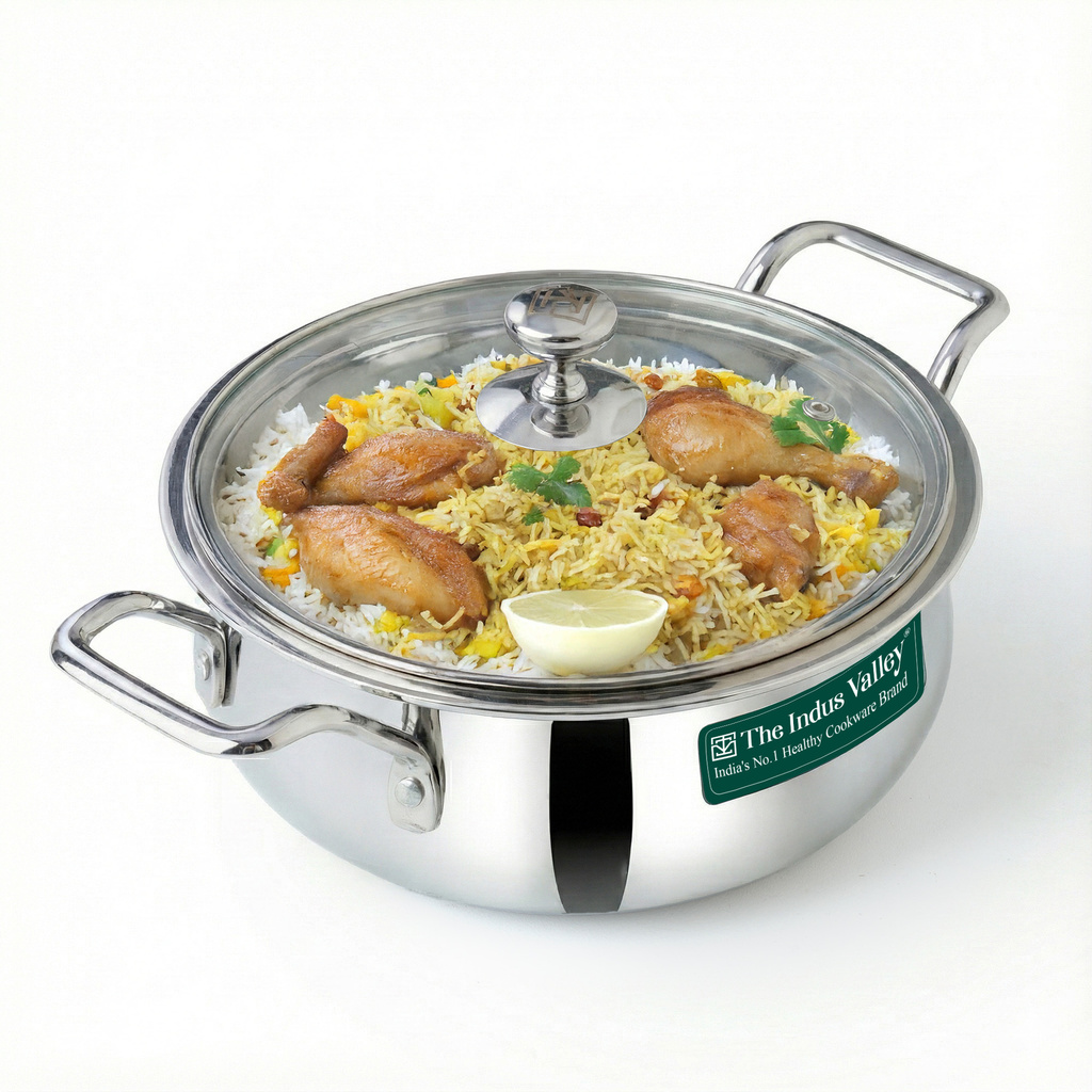 The Indus Valley Triply Stainless Steel Handi shaped Stock/ Briyani Pot with Glass Lid - 9.4 inch Pot 24 cm diameter 2 L capacity with Lid