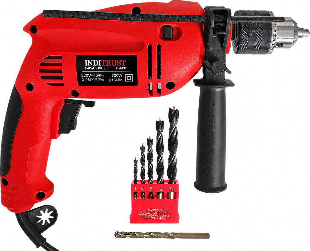 Inditrust 6 Month Warranty 100% Copper Winding 700W 13mm Electric Impact Drill machine 5pc Wood Drill bit and 1pc Masonry drill bit set Pistol Grip Drill