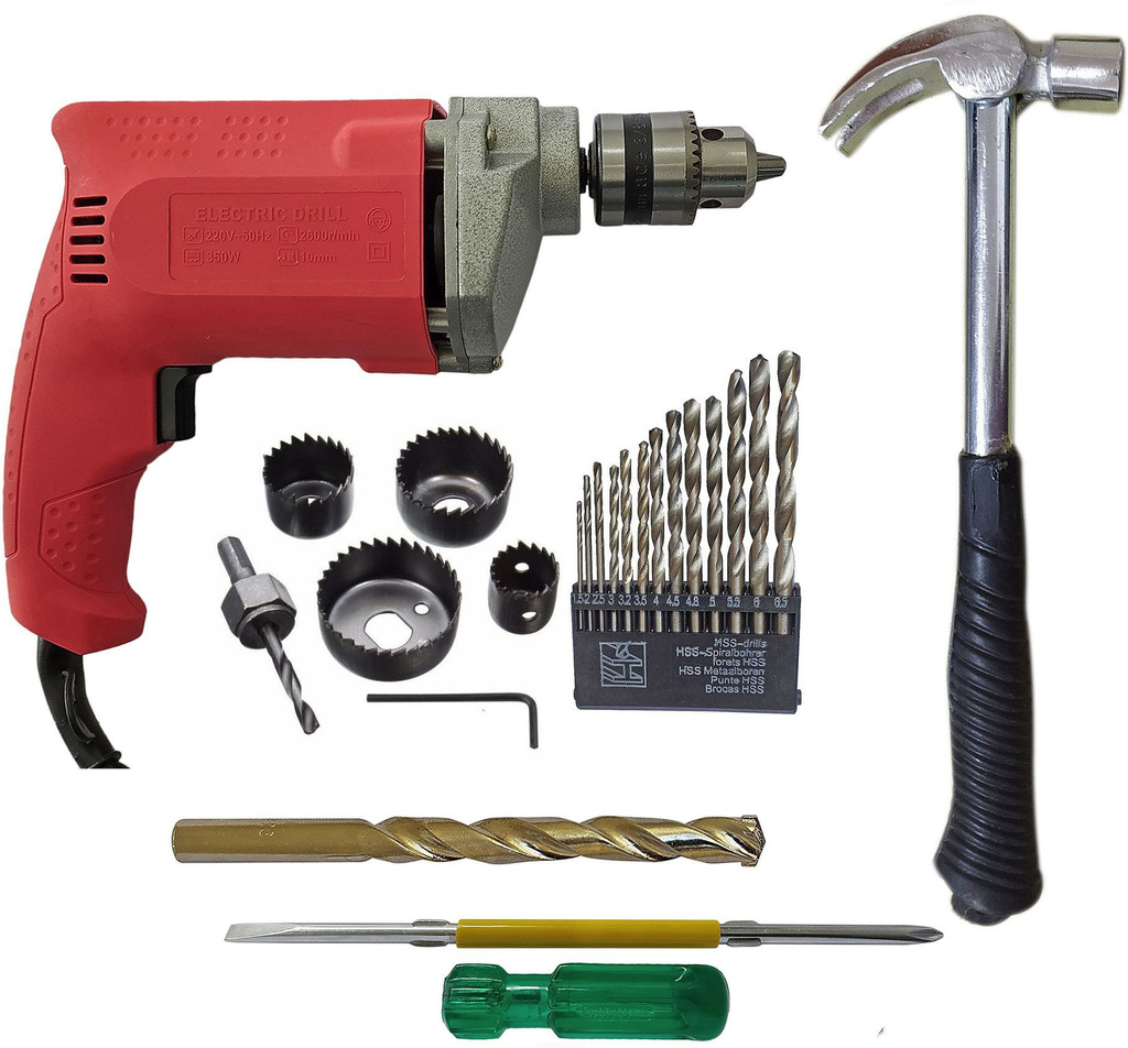 inditrust 10mm drill machine 350w 6pc hole saw 13pc hss 1pc claw hammer masonry bit 2in1 screwdriver set pistol grip