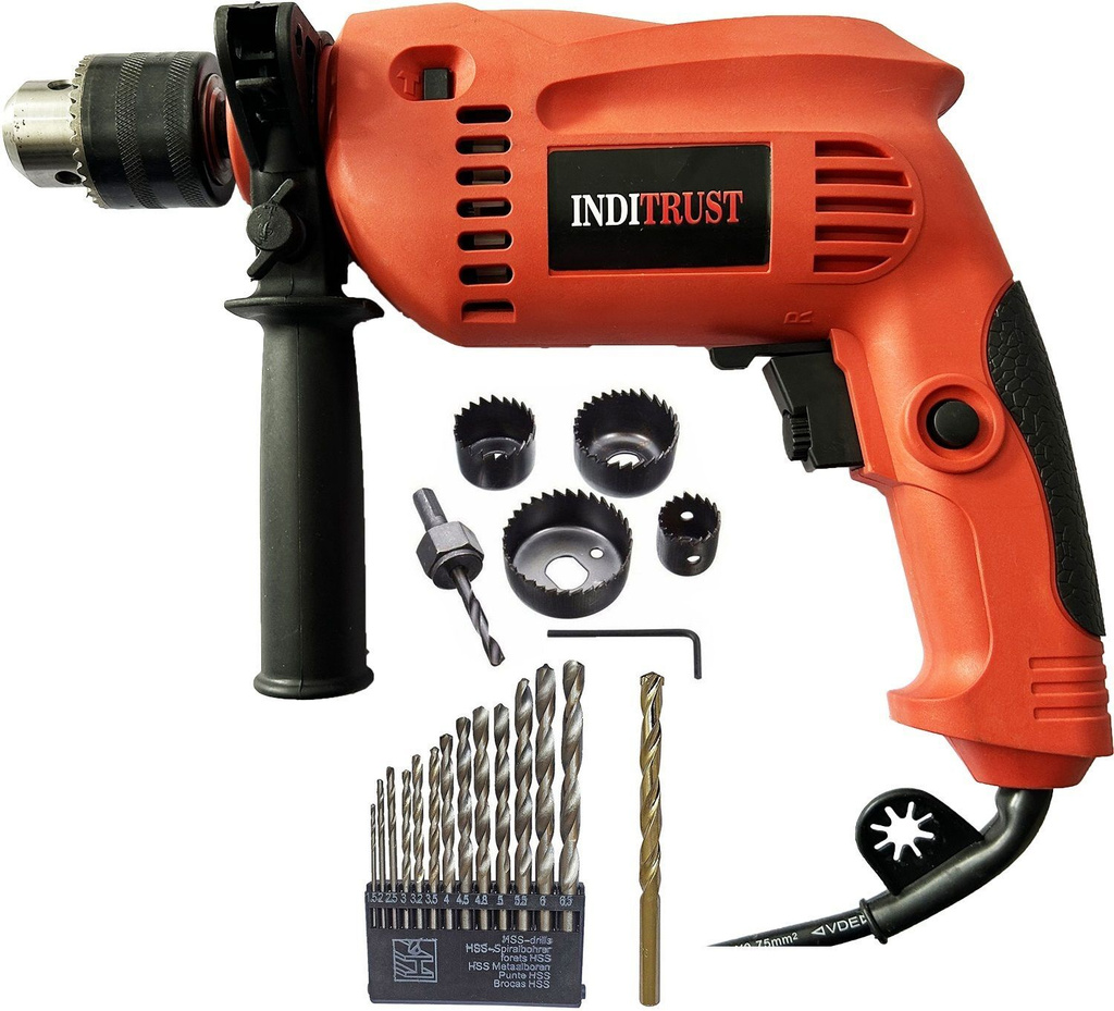 inditrust 700w impact drill machine 13mm red 6 month warranty 100 copper winding 13pc hss 1 masonry bit 6pc holesaw pistol grip