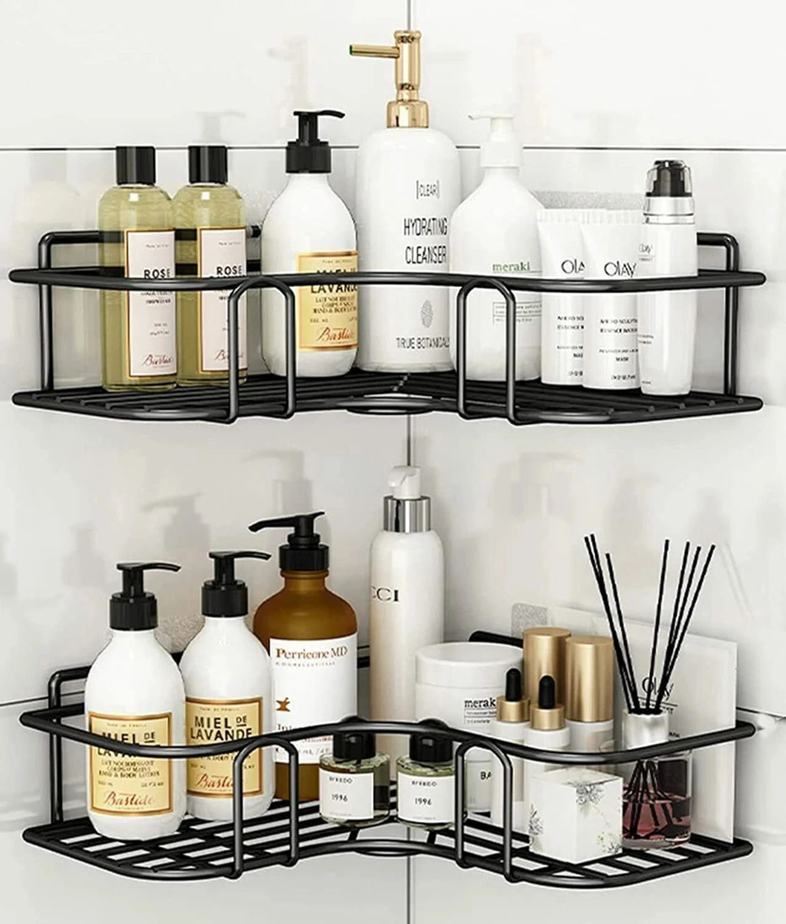 Frap Sticker Mounted 2-Tier Iron Bathroom Corner Shelf Rack Organizer – Black Iron Wall Shelf