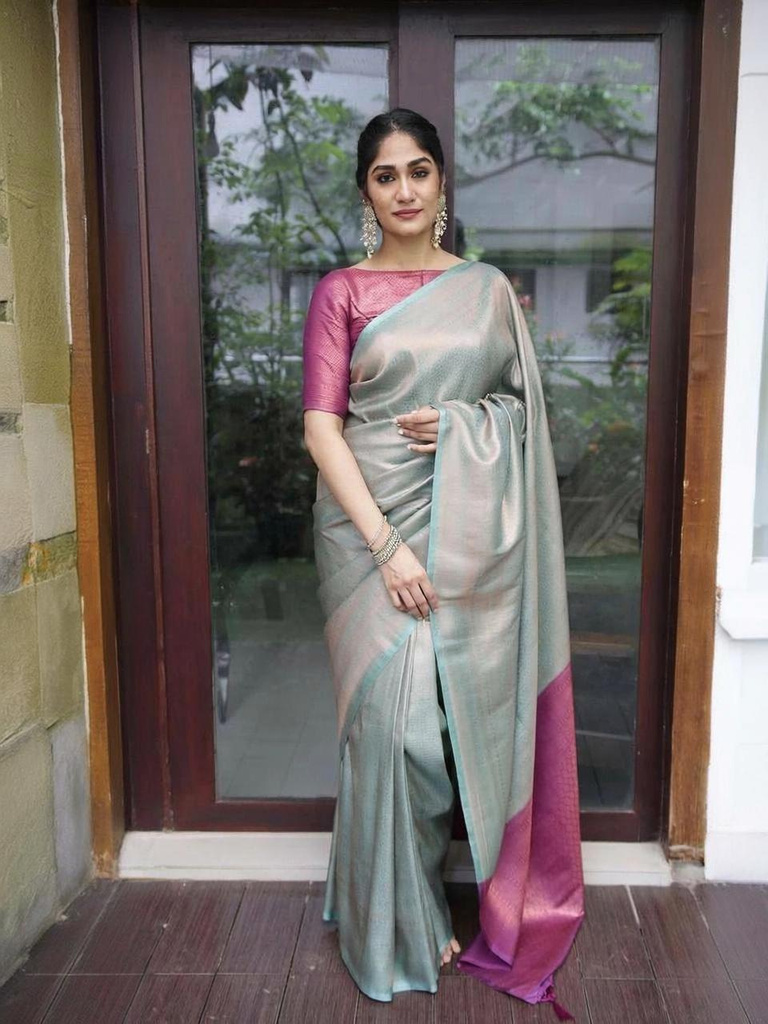 Woven Kanjivaram Pure Silk, Art Silk Saree (Light Blue, Purple)