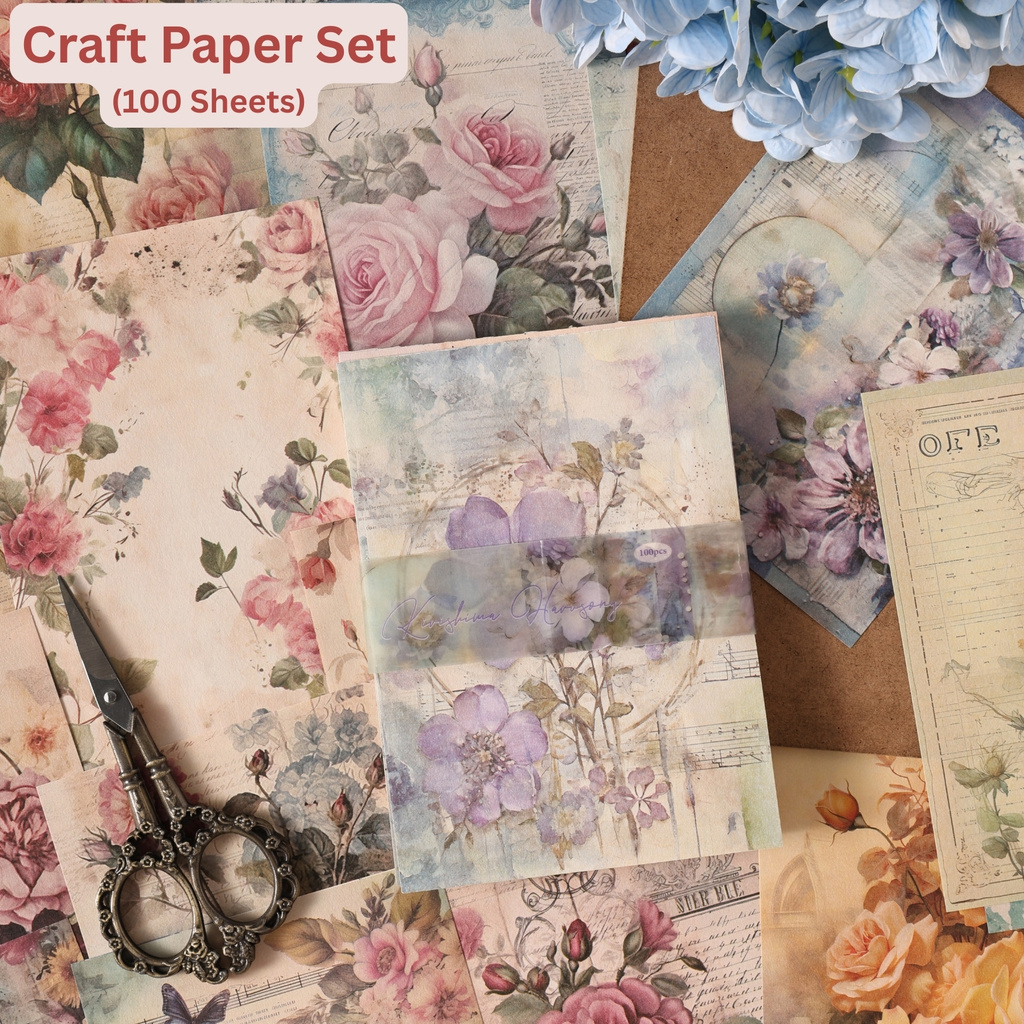 100 Sheets Vintage Floral Material Paper for Scrapbooking & Journaling Theme,  Scrapbook Kit (DIY)