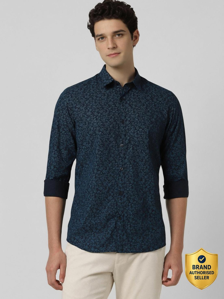 peter england men printed casual blue shirt