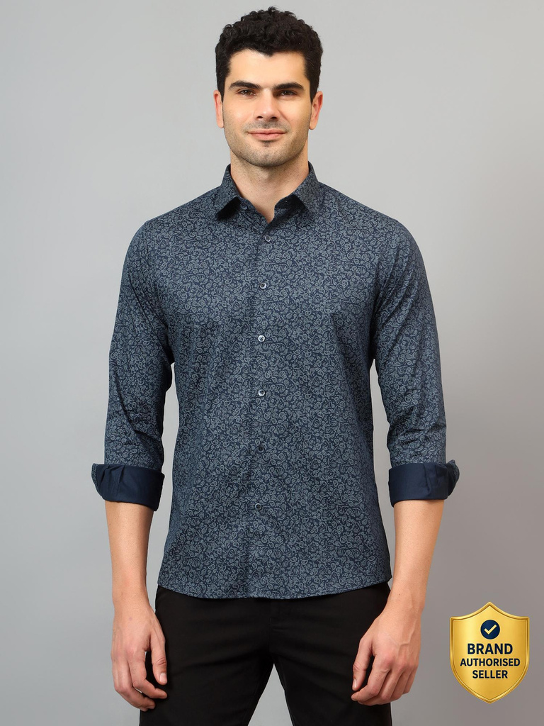 cantabil men printed casual dark blue shirt