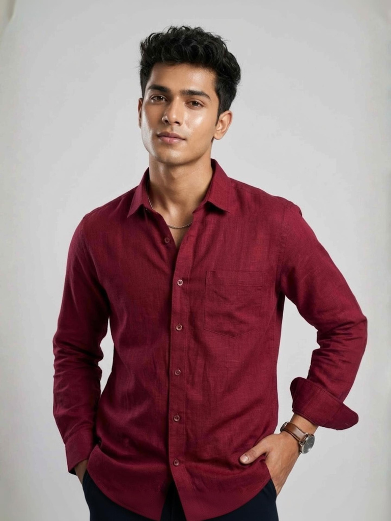 LINENWEAR Men Solid Casual Maroon Shirt