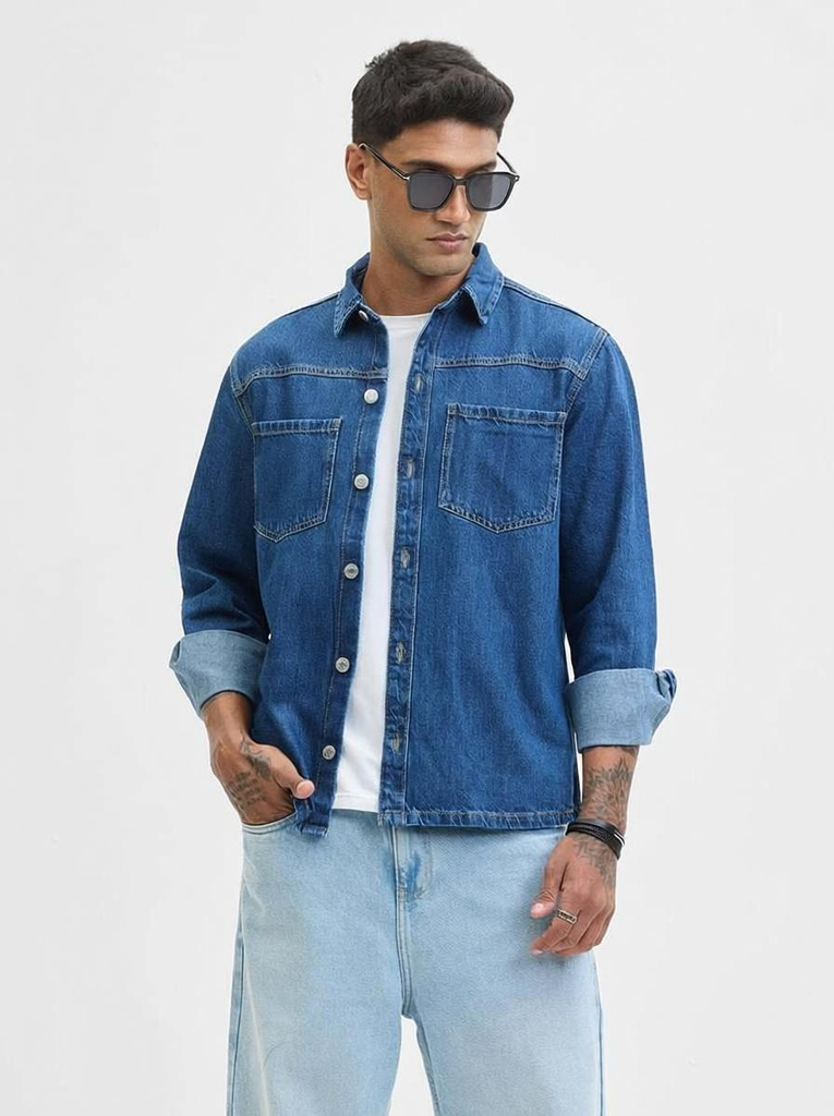 snitch men solid casual blue shirt