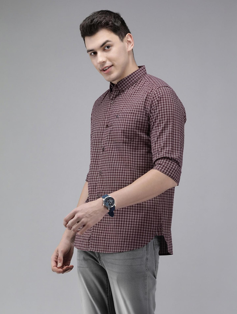 Men Slim Fit Checkered Button Down Collar Casual Shirt