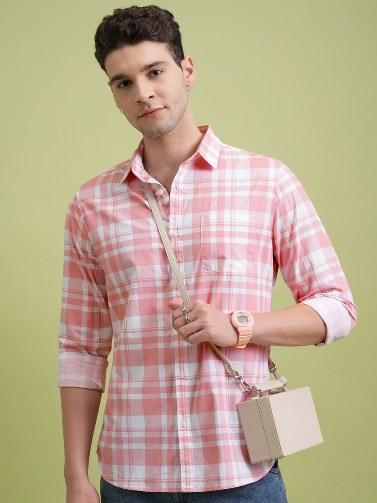 highlander men checkered formal pink shirt