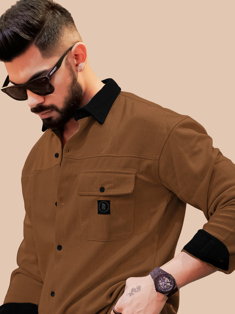 MANIAC Men Solid Casual Brown Shirt