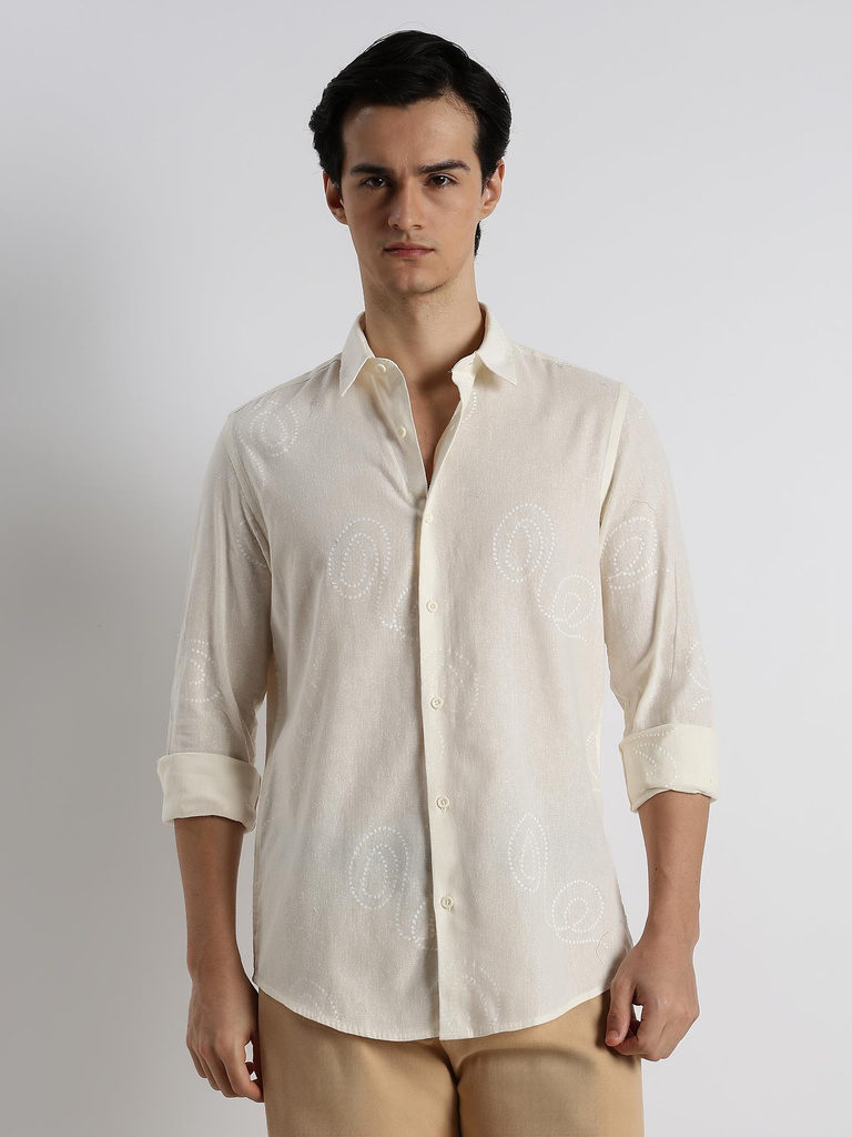 BLU MNKY Men Printed Casual Beige Shirt