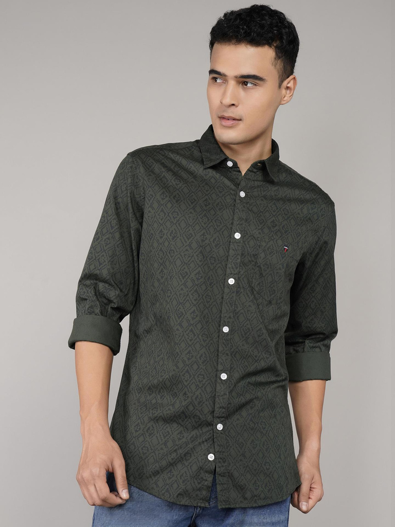 louis philippe jeans men printed casual dark green shirt