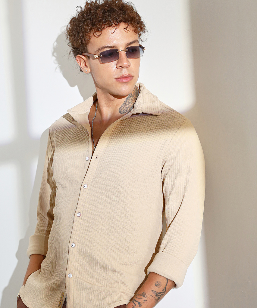 campus sutra men solid casual beige shirt