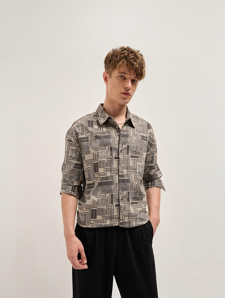 THE BEAR HOUSE Men Printed Casual Beige Shirt