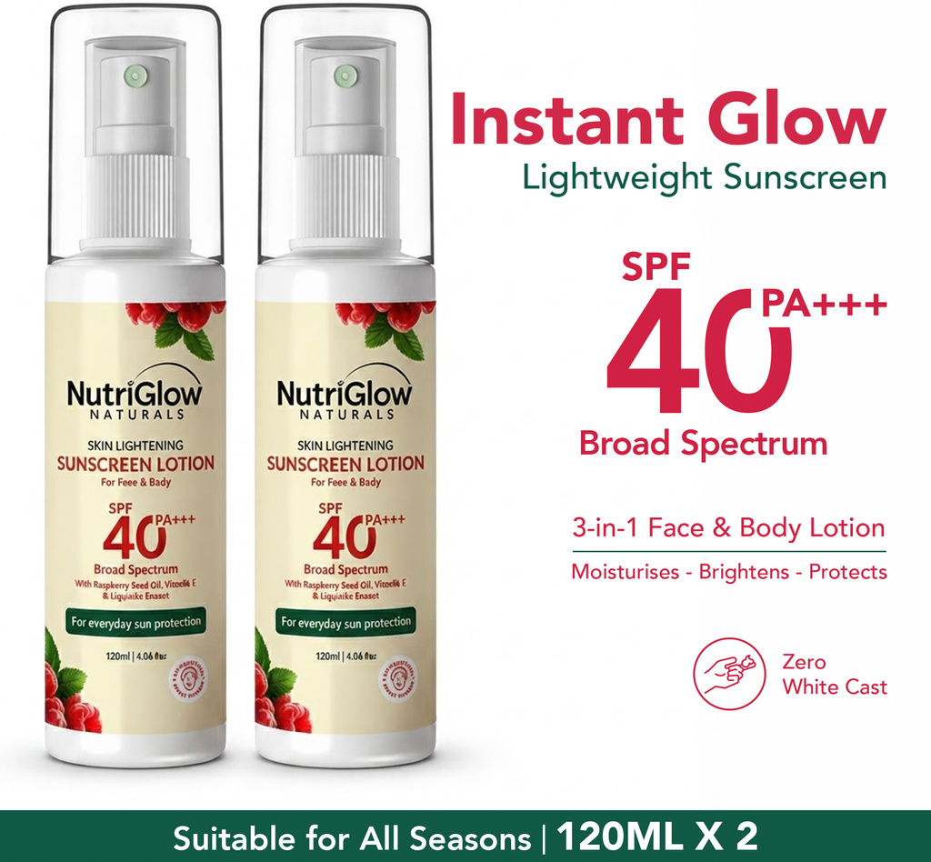 NutriGlow Sunscreen - SPF 40 PA+++ Sunscreen Fairness Lotion SPF 40 PA+++, Tan Free Skin,120ml, Pack of 2